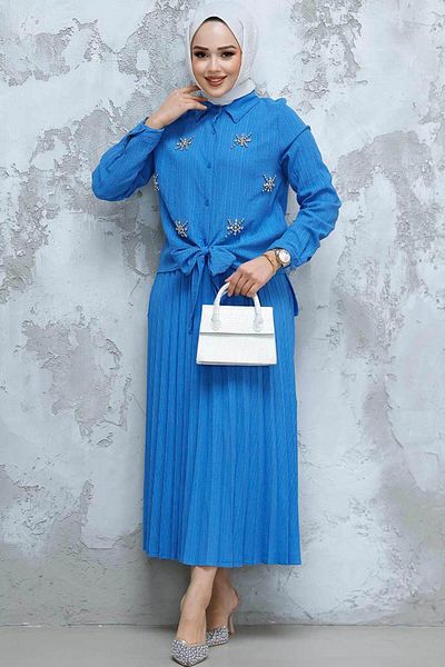 Neva Style طقم تنورة حجاب بتفاصيل خرز باللون الأزرق النيلي - 60062IM