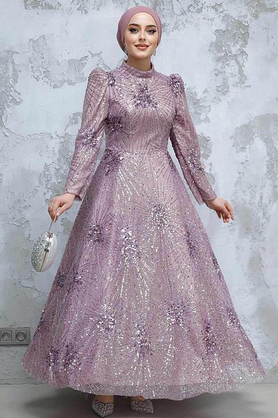 Neva Style Beaded Dusty Rose Hijab Evening Dress 50461Gk