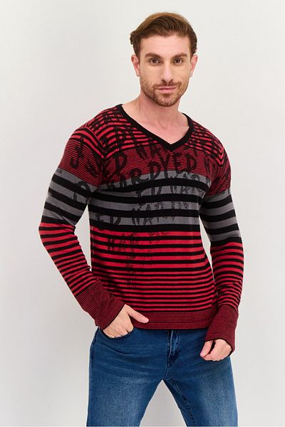 Ed Hardy Men V-neck Striped Long Sleeves Sweater, Red