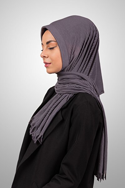 Şalcenneti.com Pratik Pliseli Şal Hazır Geçmeli Organik Füme Rengi Süngerli Model