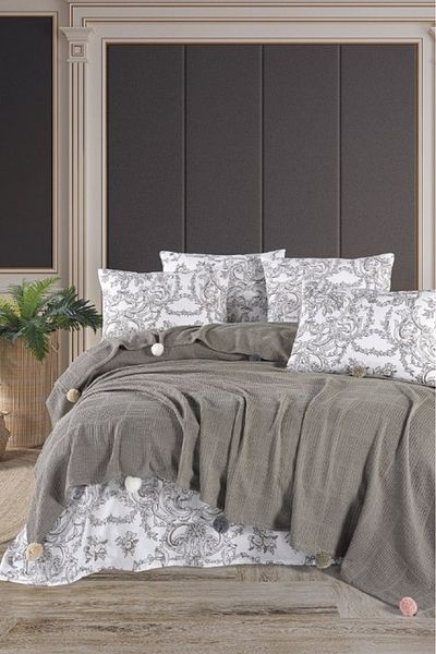 Sudem Home Collection Mink Colored Double Pompom Dowry Pique Set