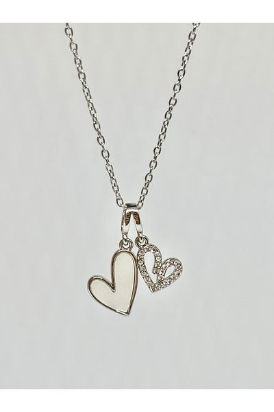 Store Double Steel Women's Necklace with Heart and Zircon Stone
