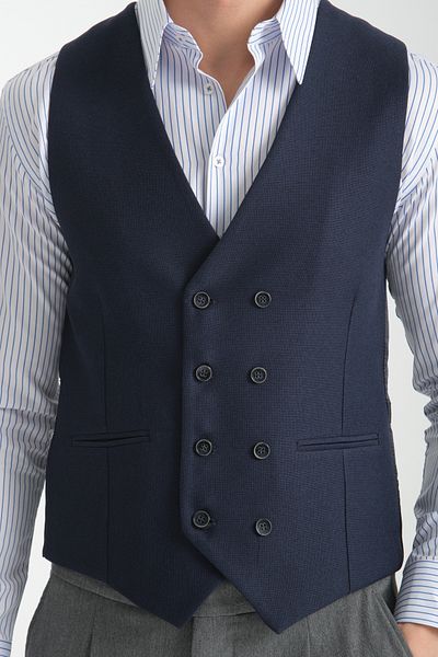 Frappoli Alfredo Dark Dark Blue Straw Fabric Basic Double Breasted V-Neck Slim Fit Vest