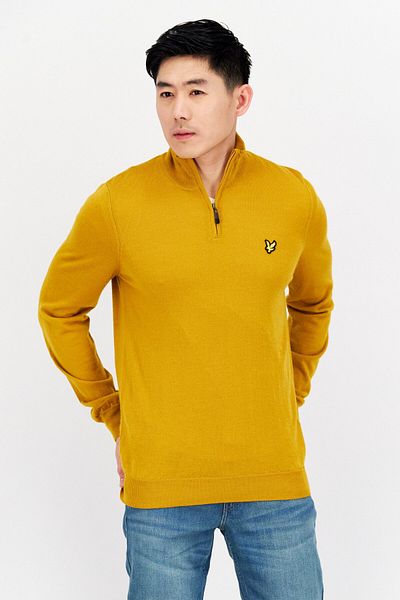 Lyle & Scott Men Mock Neck Embroidered Logo Knitted Sweater, Mustard