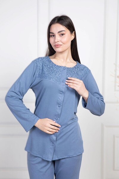 Pelin Women's Indigo Plus Size (Battal) Front Button Pajamas Set