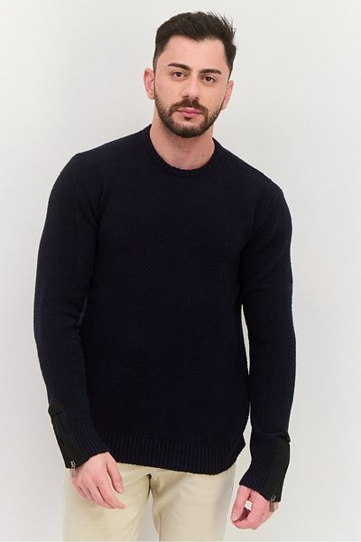 Trussardi Jeans سترة رجالية محبوكة بأكمام طويلة ورقبة دائرية، لون أزرق داكن