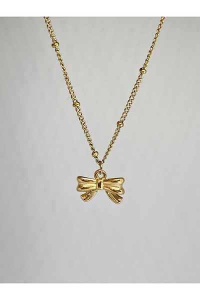 Store Gold Plated Bow Model Women's Steel Necklace with Ribbon Design Stylish and Elegant Jewelry