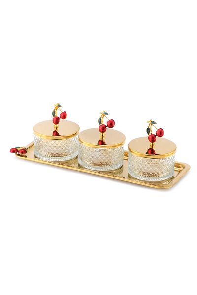 HELVACIOĞLU AKSESUAR Cherry Patterned 3-Piece Glass Lid Sugar Bowl and Turkish Delight Presentation Tray Gold