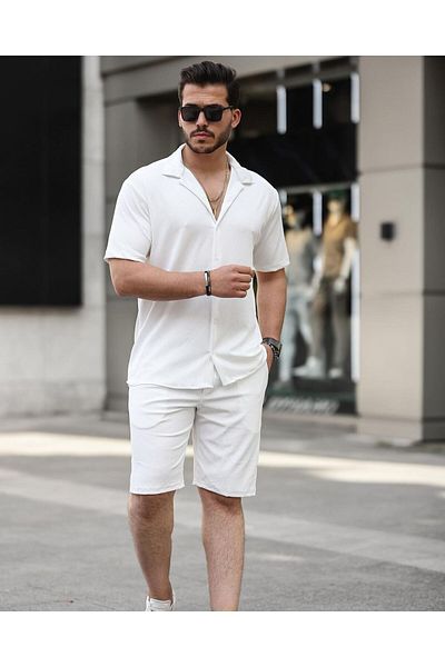 Black Sokak Twisted Camisole White Men's Shirt Shorts Set