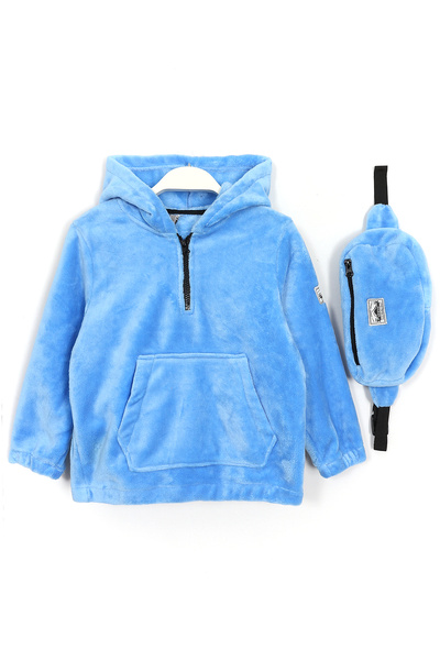 DobaKids Hanorac albastru din fleece unisex pentru bebeluși și copii - cu geantă de buzunar cangur și detaliu pentru glugă