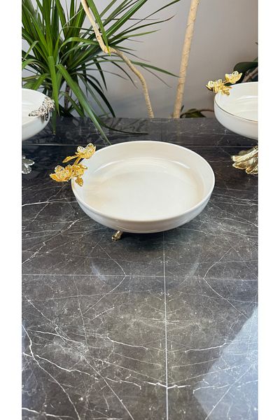 MAY HOME Double Flower Model - Gold Metal Standing Salad Presentation Bowl and Saucer