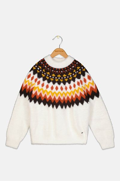 Pepe Jeans Kids Boy Crew Neck Aztec Sweater, White Combo