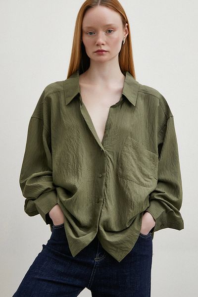 Never more Khaki Color Thin Striped Oversize Shirt