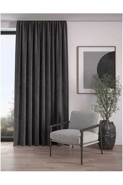 BEKSAHOME Gray Extrafor Drawstring High 1St Class Velvet Textured Background Curtain - Single Wing