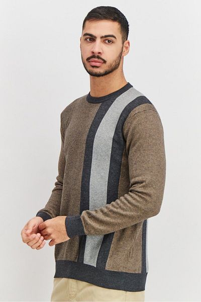 Perry Ellis Men Crew Neck Stripe Long Sleeve Sweater, Brown And Black Combo