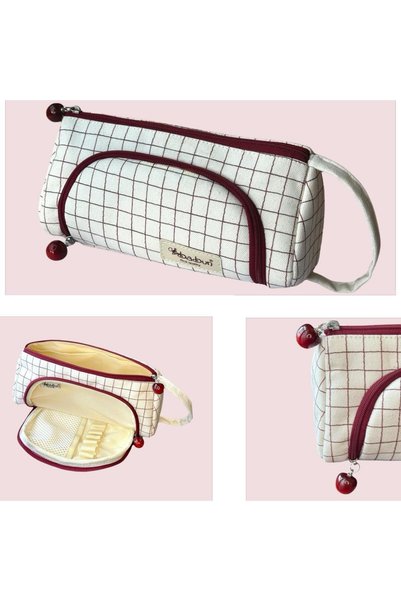 BABUN Ilgaz Checkered Large Wide Premium Organic Canvas Cotton Cloth Fabric Pencil Case Pen Holder Makeup Bag