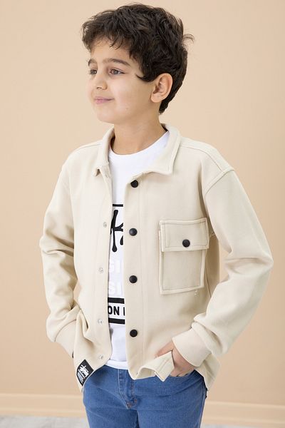 Cansın Mini Tricou cu imprimeu text crem și cămașă Costum băiat 20007