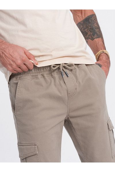 OMBRE Ανδρικό παντελόνι JOGGER με τσέπες cargo με φερμουάρ - μπεζ V2 OM-PAJO-0123 S