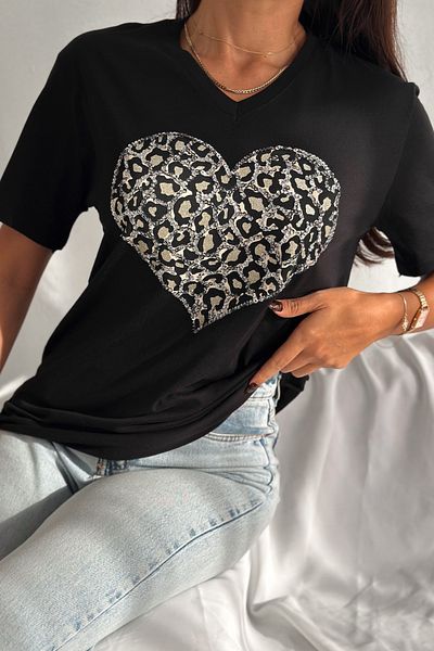FEMELLE Tricou de damă, negru, cu decolteu în V, cu model de inimă, cu paiete, brodat, 100% bumbac