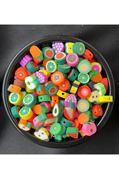 Bijumix Aksesuar 100 Adet Karışık Meyve Figürlü Fimo Boncuk (10 MM) Kolye, Bi...