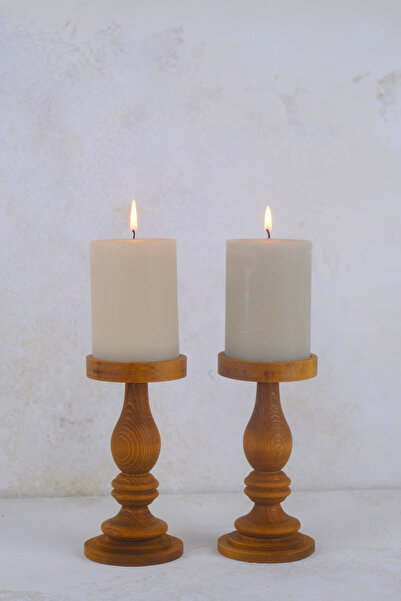 justwood 2 Li Luna Model Tabaklı Ahşap Şamdan Seti, Dekoratif Şamdan - 16 ve 16 Cm