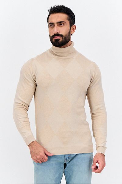 Sorbino Men Turtle Neck Argyle Pattern Long Sleeves Sweater, Tan