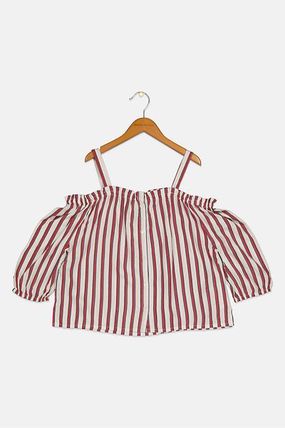 Pepe Jeans Kids Girl Cold Shoulder Long Sleeves Stripe Print Blouse, Red