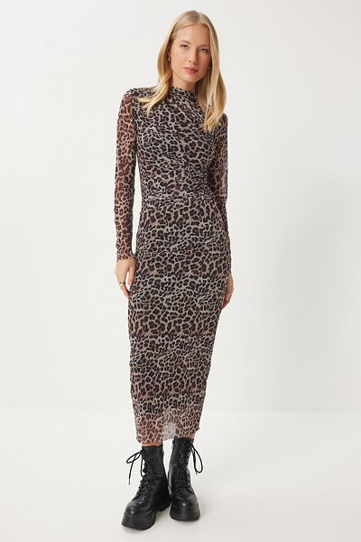 Lovelyİstanbul Rochie din tul îmbrățișat cu imprimeu leopard - negru gri, adunat, LDK0007