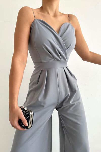 Deafox Gray Double Breasted Collar Imported Crepe Fabric Jumpsuit