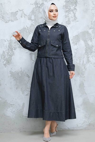 Neva Style طقم جينز مع تنورة حجاب أنثراسايت وسترة - 44641ANT