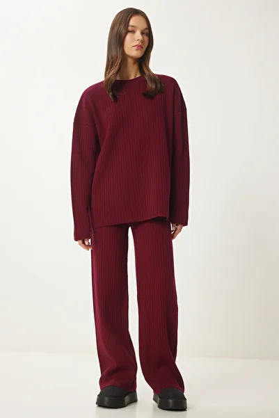 Lovelyİstanbul Burgundy Ribbed Knitwear Sweater and Pants Set - Lpf0091