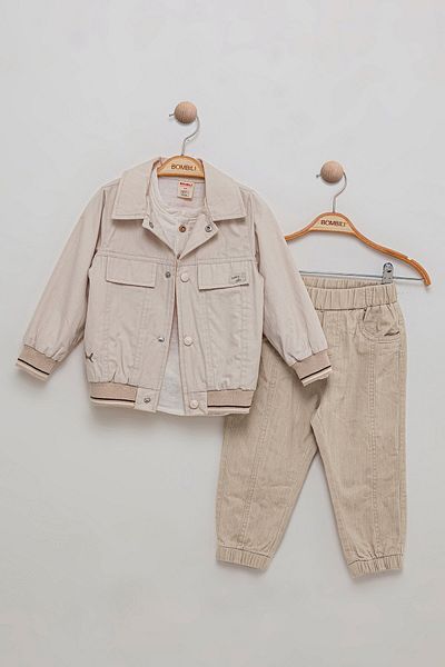 Bombili 3-Piece Boy's Set with Jacket, Trousers, Blouses, Muslin Fabric, Elastic Waist