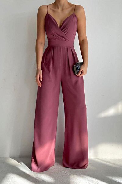 Deafox Dusty Rose Double Breasted Collar Imported Crepe Fabric Jumpsuit