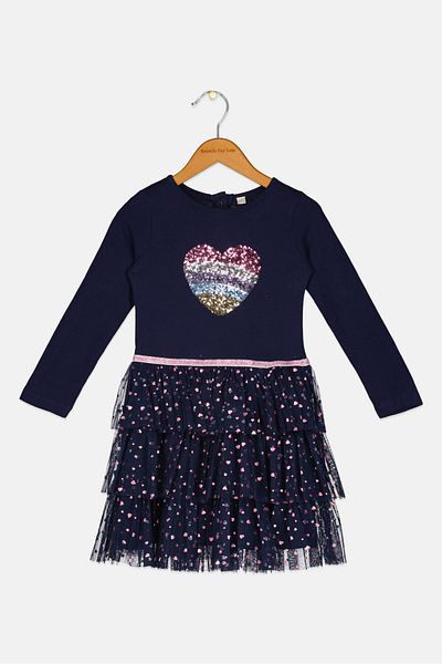 Miss Toddlers Girl Round Neck Long Textured Dress, Navy