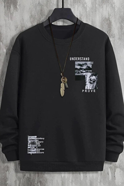 FECCY Hanorac din bumbac unisex oversize cu imprimeu Understand, cu guler rotund