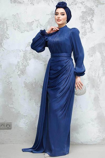 Neva Style Drape Navy Blue Hijab Evening Dress 4934L
