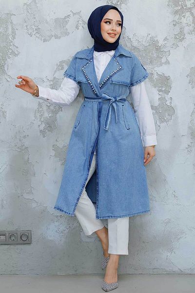 Neva Style Bead Embroidered Dark Blue Hijab Vest 6572Km