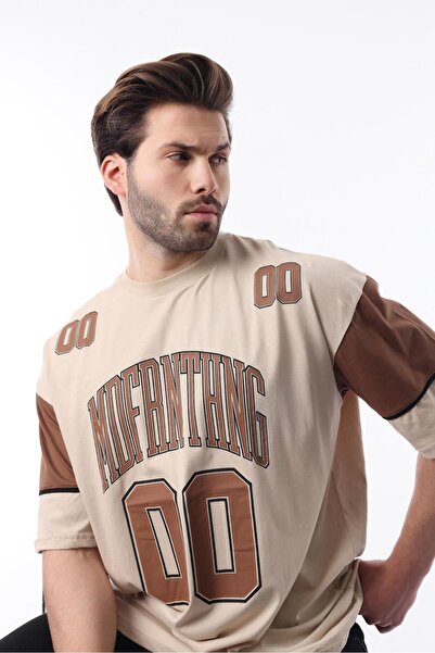 Madmext Ανδρικό μπλουζάκι μπεζ εμπριμέ βαμβακερό Oversize 7035