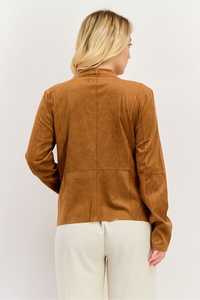 Bagatelle Women Notched Collar Plain Cardigan, Brown