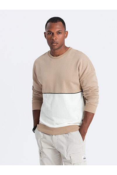 OMBRE Pánská OVERSIZE mikina s kontrastní barevnou kombinací - béžová V2 OM-SSNZ-0130 XL