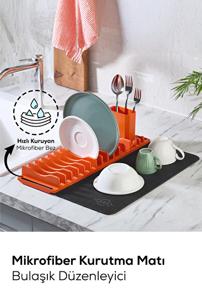 Vienev 2'li Pratik Bulaşık Kurutma Matı Ve Düzenleyici Set Turuncu