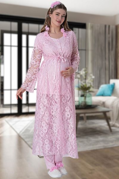 Pelin Women's Powder Lace Nightgown - Dressing Gown - Pajamas Maternity Pregnant Set of 4