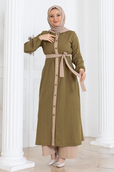 Modamihram Khaki Hoodie Suit - Button, Model 19238