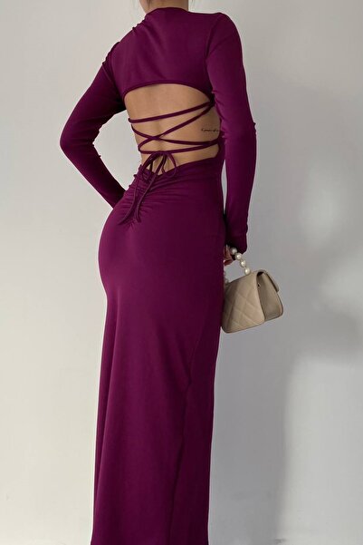 bayansepeti Mürdüm Sandy Kumaş Sırtı Büzgü ve Bağlama Detaylı El Geçmeli Uzun Kollu Midi Abiye Elbise 328