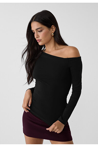 VODENS Bluză neagră cu decolteu asimetric 100% bumbac