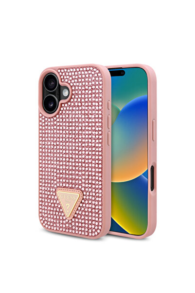 Guess iPhone 16 Plus Uyumlu Kılıf Guess Lisanslı Üçgen Logolu Taşlı Kapak Pembe