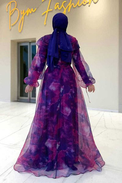 Bym Fashion Fuchsia Self Patterned Colorful Tulle Evening Dress 7047