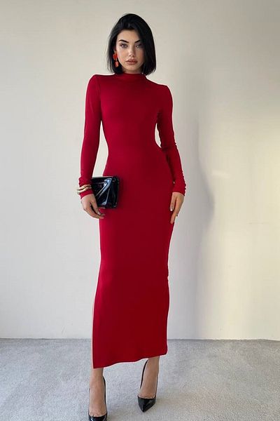 WOMAN VISION Red Sandy Midi Evening Dress with Low Back Cutout and Slit, Lacing Detail 327