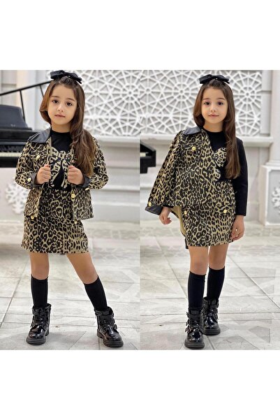 PeluşÇocuk Bayramlık Leopar Kız Çocuk Etek-Ceket-Tişört Takım