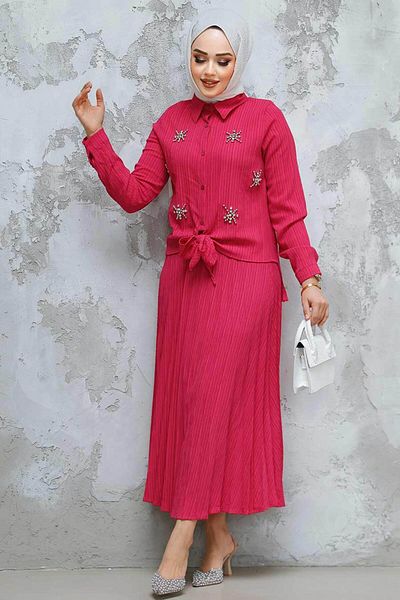 Neva Style Bead Detailed Fuchsia Hijab Skirt Double Suit 60062F